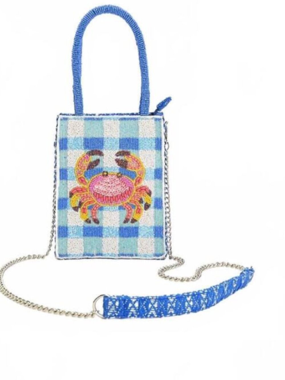 America & Beyond Crab Beaded Top Handle Mini Tote Crossbody Plaid Bag NWT